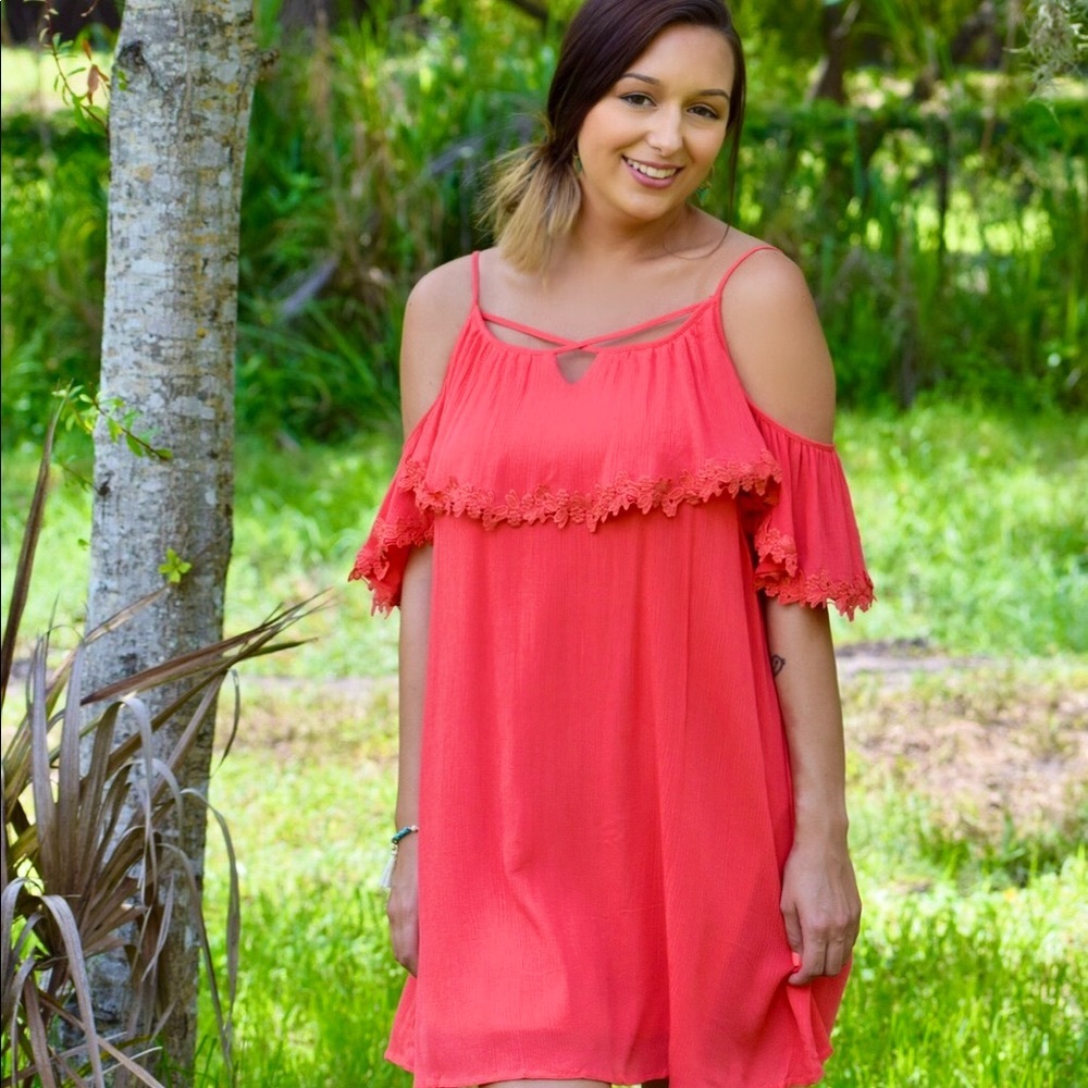 Coral cold shoulder ruffle layer dress